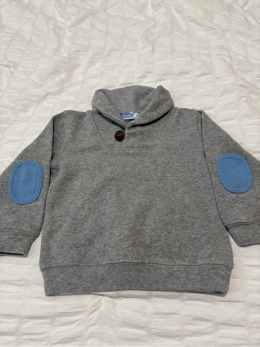 Toddler Gray Shawl-Collar Sweatshirt with Blue Elbow Patches